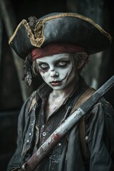 A child dressed as a pirate with face paint and a sword, evoking a spooky, adventurous theme.