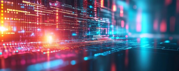 Digital transformation journey, glowing data integration, abstract tech cityscape