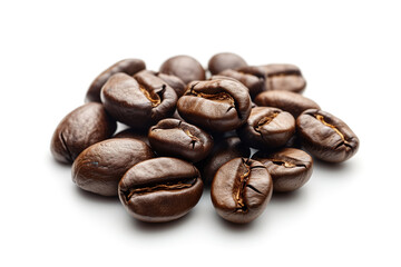 Fototapeta premium Freshly roasted coffee beans scattered on a white background.