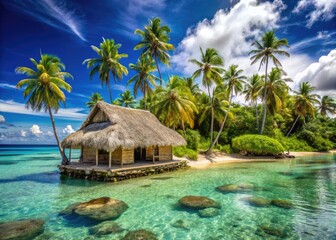 Vibrant blue waters and lush greenery surround a traditional Fijian thatched-roof hut on a white sandy beach, surrounded by swaying palm trees and coral reefs.