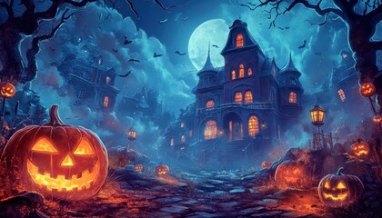 Haunted House and Jack-o'-Lanterns on a Halloween Night
