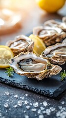 Fototapeta premium Fresh oysters with lemon and herbs on slate platter, gourmet seafood presentation