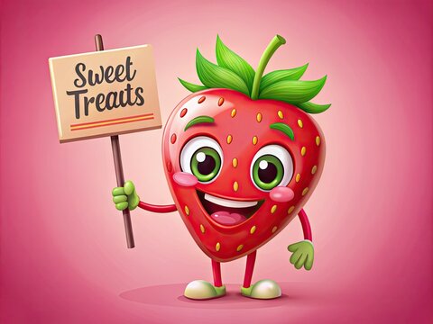 Vibrant cartoon strawberry character with bright green leaves and big smile, holding a sign that reads "Sweet Treats" against a soft pink background.