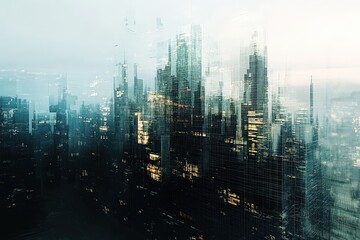 Fototapeta premium Futuristic cityscape with digital overlay and illuminated skyscrapers at dusk.