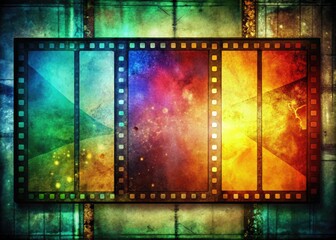 Obraz premium Vibrant cinema film strip with worn, retro texture overlaid on a modern digital display, creating a striking contrast between old and new media formats.