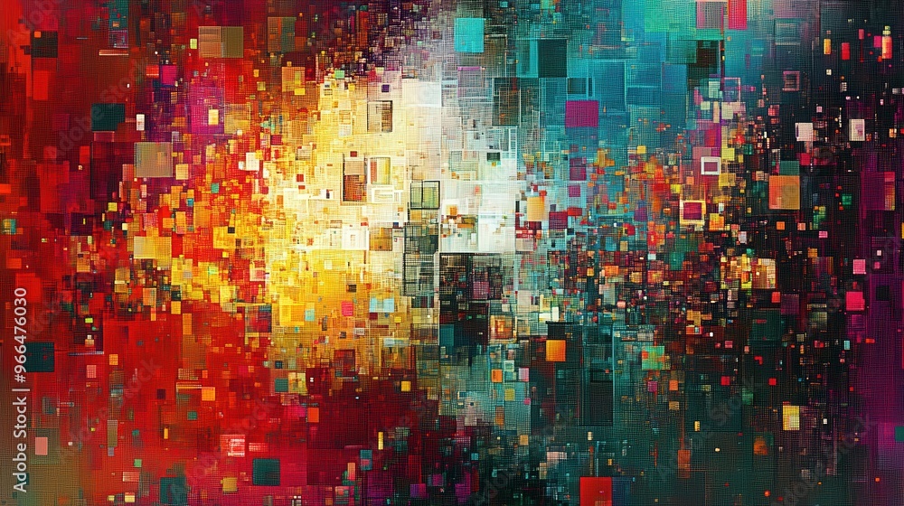 Poster vibrant abstract digital art with colorful geometric patterns.