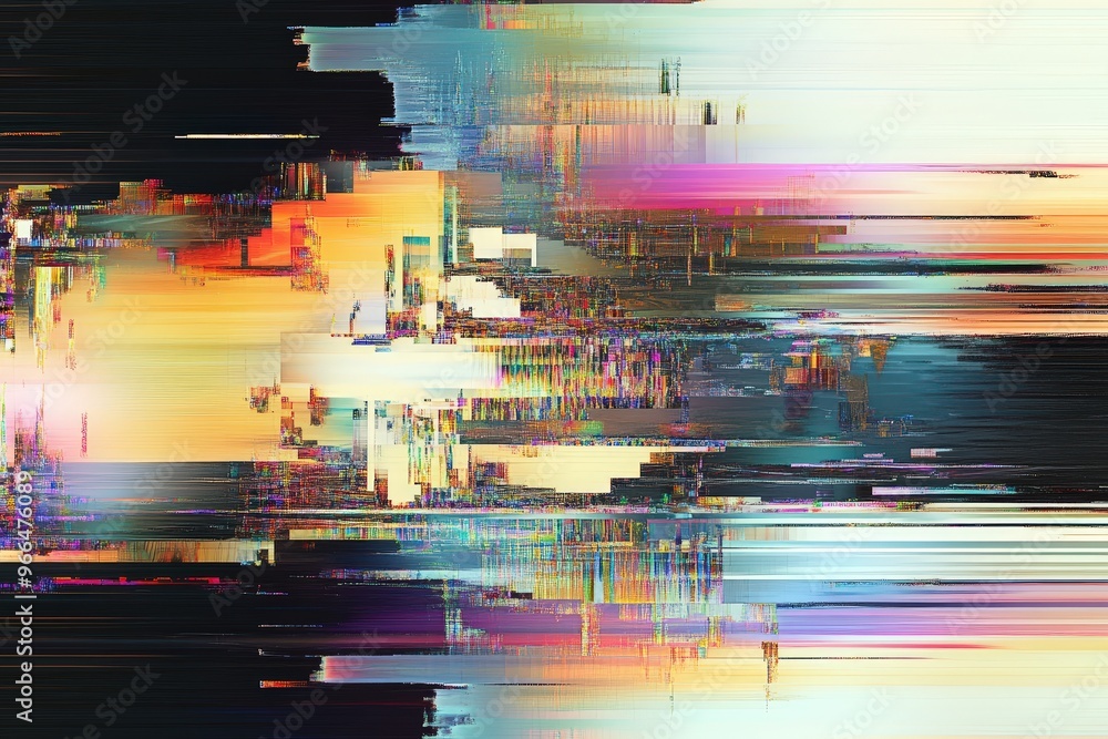 Poster vibrant digital glitch art with colorful abstract patterns and distorted lines.