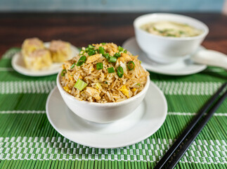 chifa, chaufa rice, siu mai and wuantan soup, peruvian food