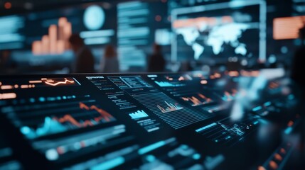 Interactive data visualization, holographic charts, futuristic tech conference, global reach