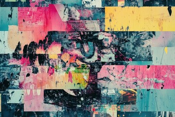 Colorful abstract grunge collage with geometric textures and mixed media art.