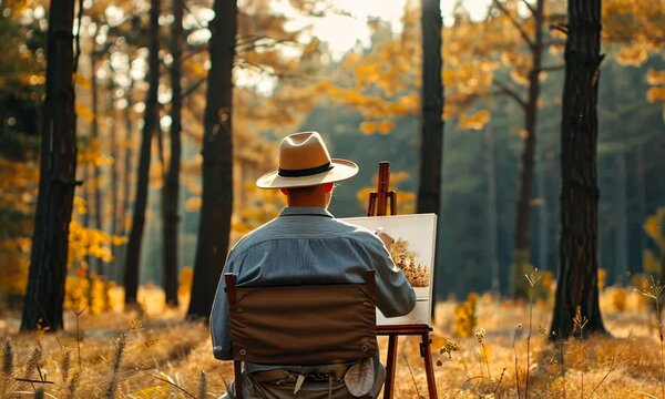 An artist painting en plein air in a tranquil forest glade, capturing the interplay of light and shadow among the trees. Video