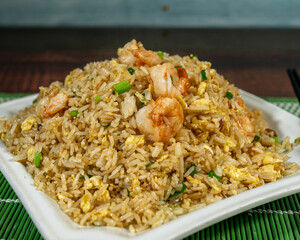 chaufa shrimp rice, chinese onion, egg. chifa, peruvian food, close-up