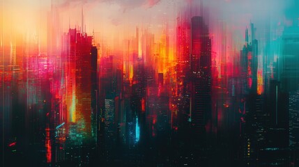 Fototapeta premium Vibrant abstract digital cityscape at sunset with neon lights and futuristic atmosphere.