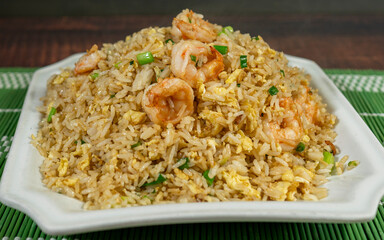 chaufa shrimp rice, chinese onion, egg. chifa, peruvian food, close-up