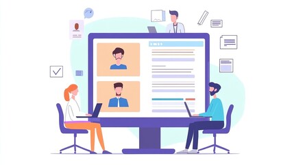 A computer monitor shows three people on a screen