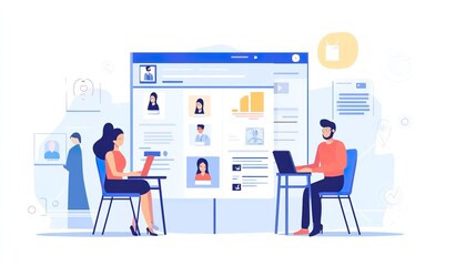 Two people are sitting at a table with laptops, one of them is a woman