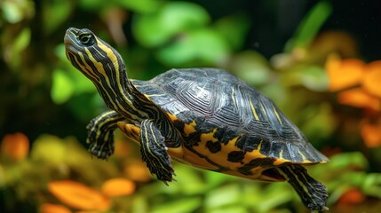 Turtle swimming gracefully in a vibrant aquarium filled with plants