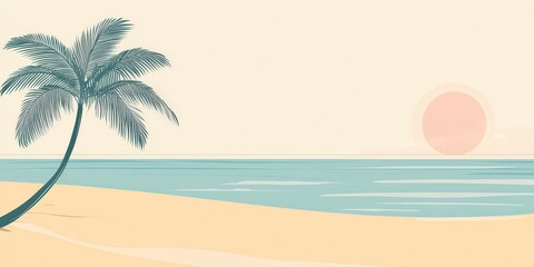 Fototapeta premium Serene tropical beach sunset with palm tree and calm ocean horizon.