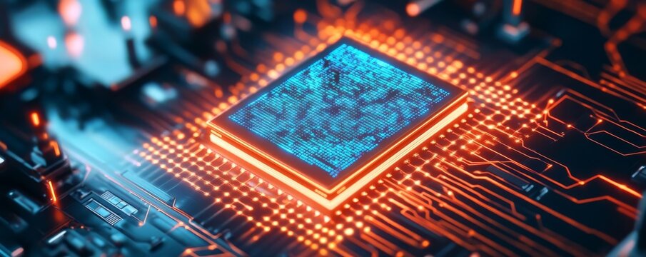 Quantum computing breakthroughs, glowing algorithm patterns, futuristic tech theme