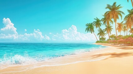 Obraz premium Tropical paradise beach with palm trees and turquoise water under a clear blue sky.