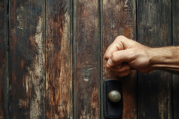 Male hand is knocking on wooden door, conceptual image. Visitor or guest is at the door.