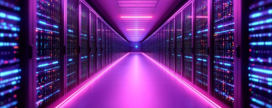 Quantum computing data analysis, floating qubits, advanced computing grid, bright neon lights