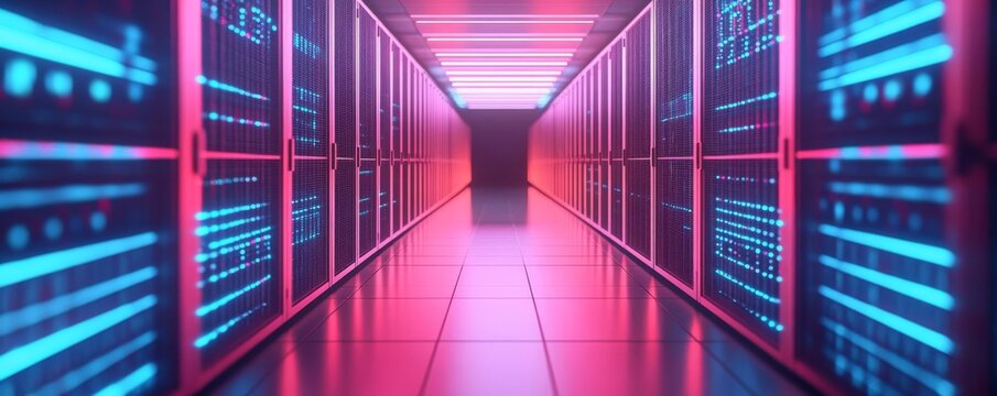 Quantum computing data analysis, floating qubits, advanced computing grid, bright neon lights