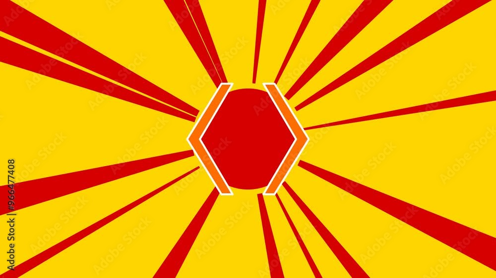 Poster angle brackets symbol on the background of animation from moving rays of the sun. large orange symbo