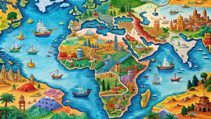 Naklejka premium Vibrant colorful map of the Middle East and North Africa showcasing countries' borders, cities, and geographical landmarks in intricate detail on a bright blue background.