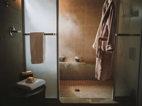 Ba&ntilde;o lleno de vapor despu&eacute;s de una ducha caliente con una bata de ba&ntilde;o colgada 
