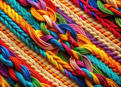 Vibrant colorful threads intertwined forming a traditional mesmerizing Fik pattern, symbolizing cultural heritage and artistic craftsmanship, against a soft creamy background.
