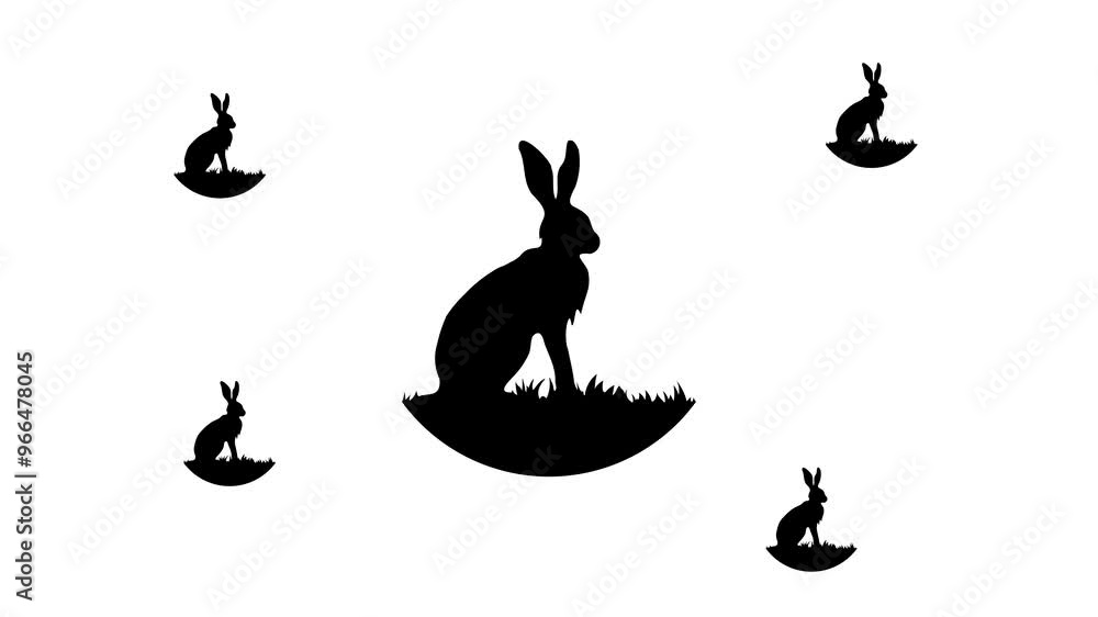 Poster zoom in and out animation the hare symbol. large black symbol in the center and four small symbols a