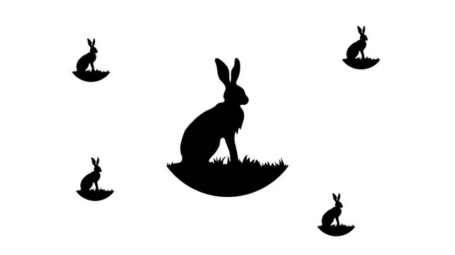 Zoom in and out animation the hare symbol. Large black symbol in the center and four small symbols around. Seamless looped 4k animation on white background