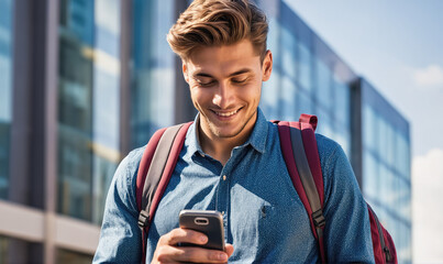 A young man with a backpack smiles as he checks his phone in a city setting
