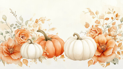 Watercolor autumn background with arrangement of pumpkins, fall flowers and leaves