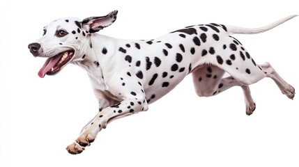 A dog is running with its tongue out