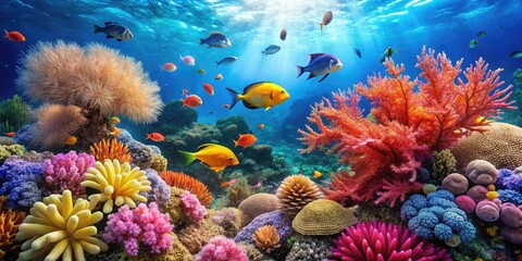 Vibrant coral reef teems with marine life, schools of fish darting past sea fans and colorful sea anemones, beneath calm turquoise ocean waters.