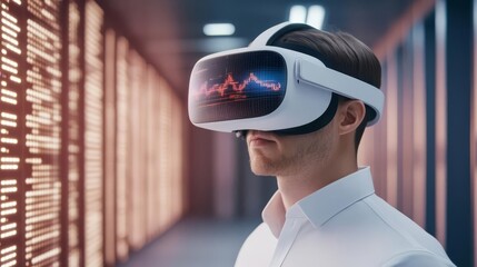 Virtual reality headset displaying real-time data analysis in a futuristic digital space, VR data exploration, next-gen tech