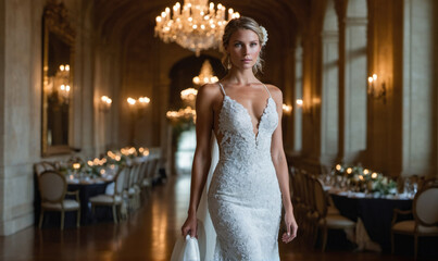Naklejka premium A bride walks down the aisle in a stunning white lace gown, her hair adorned with a delicate floral accessory