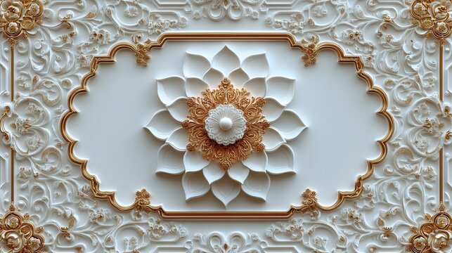 intricate islamic geometric border delicate arabesque patterns in gold filigree intertwining floral motifs and calligraphy framing central blank space for personalized content