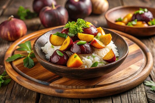 Vibrant Filipino dish mangis featuring saut&eacute;ed mangosteen fruit and rice, garnished with fresh cilantro, served on a rustic wooden plate against a warm background.