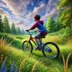 Naklejka premium child on bike in nature