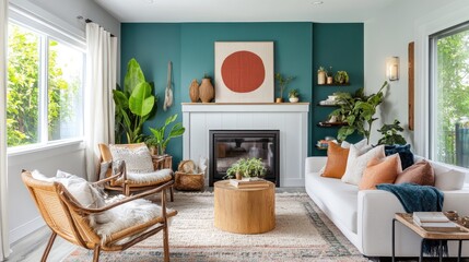Cozy Living Room with Teal Walls and a Fireplace