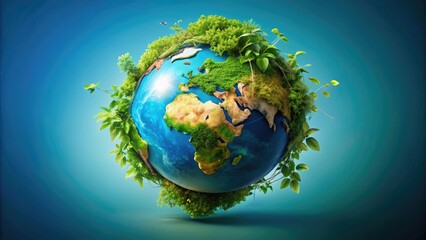 Naklejka premium Vibrant globe surrounded by lush greenery and vines, symbolizing harmony, growth, and unity between humanity and the natural world, set against a serene blue background.