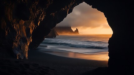 An view from an old rock cave onto a black sand beach and the ocean, with the golden hour sun casting gentle shadows