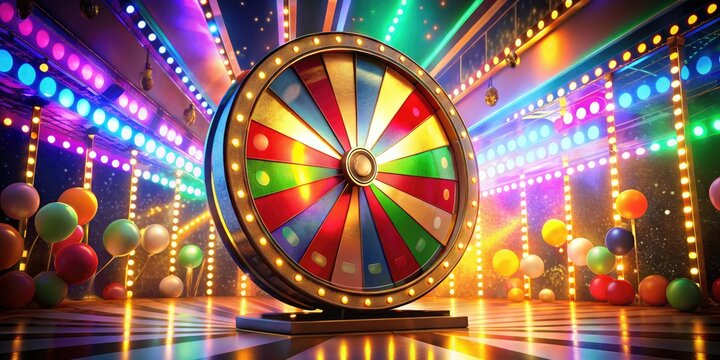 Vibrant game show wheel spins rapidly, colorful lights reflecting off shiny surface, excitement and anticipation building as fortune hangs in the balance.