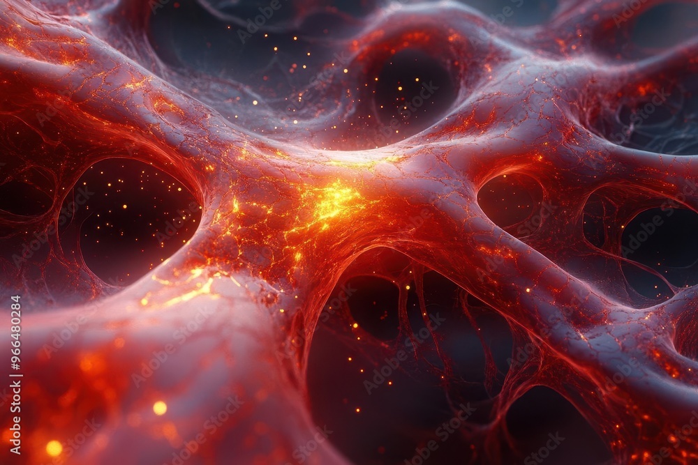 Fototapete intricate neural network visualized in rich red and gold flowing organic structure with intertwining