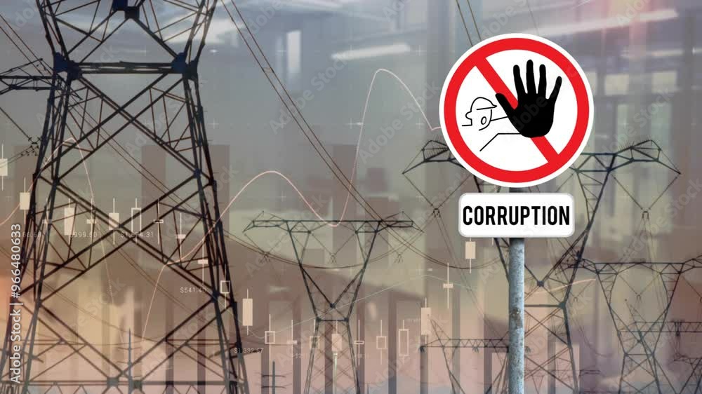 Poster animation of diagrams and pylons over warning sign with corruption text