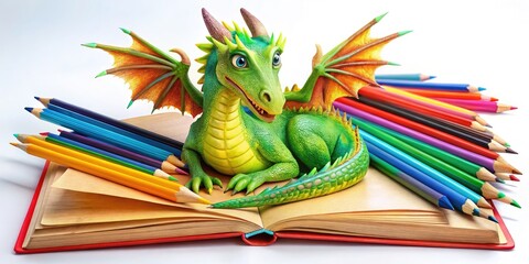 Vibrant illustration of a friendly dragon surrounded by colorful pencils, markers, and a partially colored book page, inviting creativity and imagination for young artists.