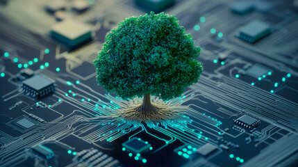 A stylized tree with roots merging into a circuit board, symbolizing nature and technology integration